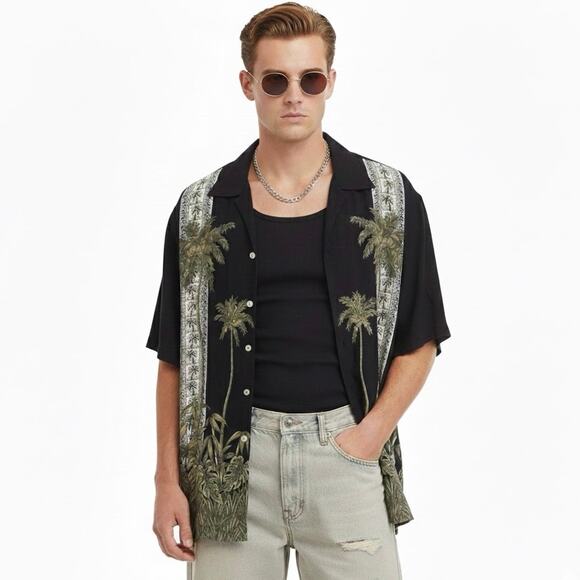 Campia Moda Palm Tree Button Down Shirt Mens L Black Tropical Beachy Retro 90s - Picture 1 of 6